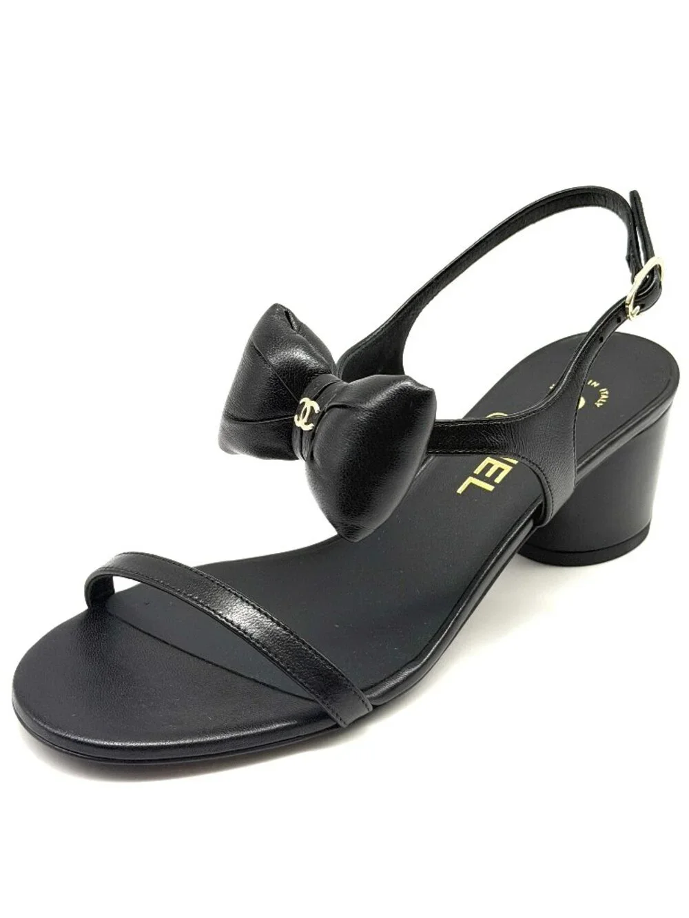 CHANEL 25P Lambskin Leather CC Bow Ankle Strap Sandals Block Heels Shoes - Picture 5 of 16